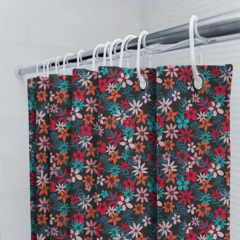 Lebhafter Blumendruck Duschvorhang Dekor Zuhause Bad Wasserdicht Stoff Dekoration Rosa Blau Rot Schwarz Weiß 60X72 Zoll (152Cm X 183
