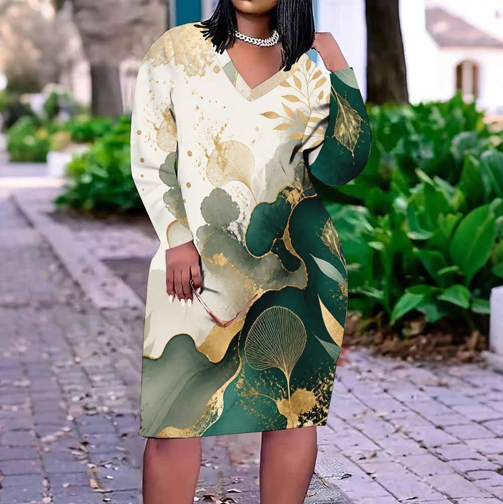 Women Plus Size Marble Print V Neck Long Sleeve Fitted Straight Dress