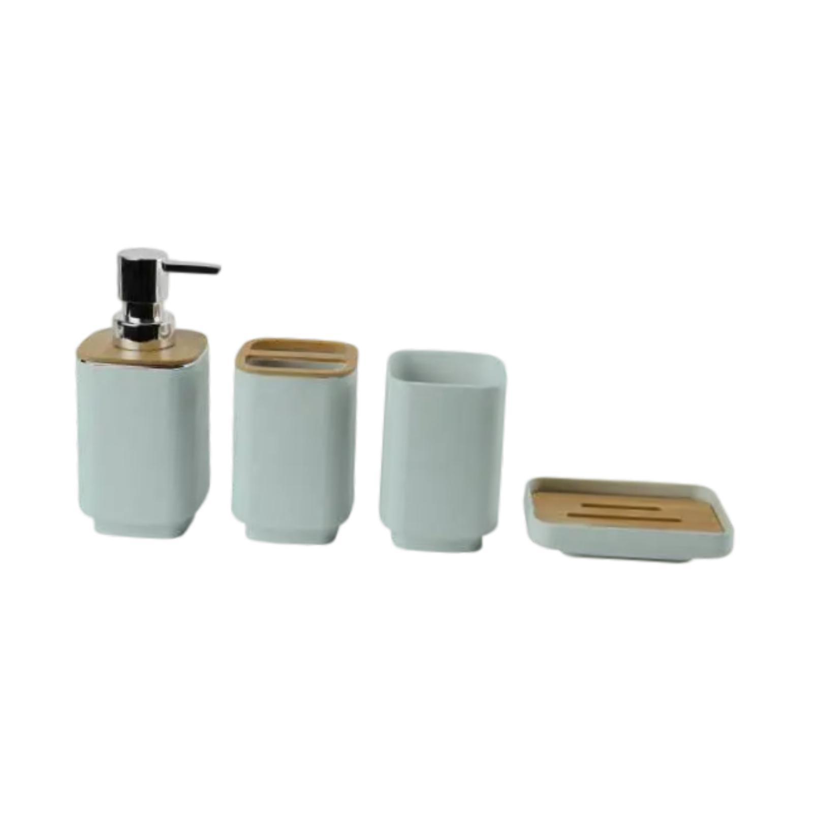 

Modern Bathroom Accessories Kit PP Bamboo Complete Set Soap Tray Lotion Shampoo Dispenser Toothbrush Cup for Washroom зелёный