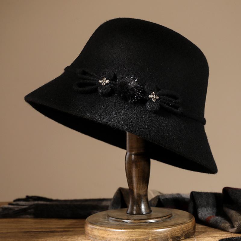 

Шерстяная шляпа для пожилой матери, шляпа леди, осень и зима, бабушкина утолщенная теплая шерстяная шляпа-тазик, шляпа свекрови One Size чёрный