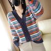 Autumn and winter foreign style striped retro jacquard long-sleeved knitted cardigan fashionable V-neck contrasting color with loose sweater jacket