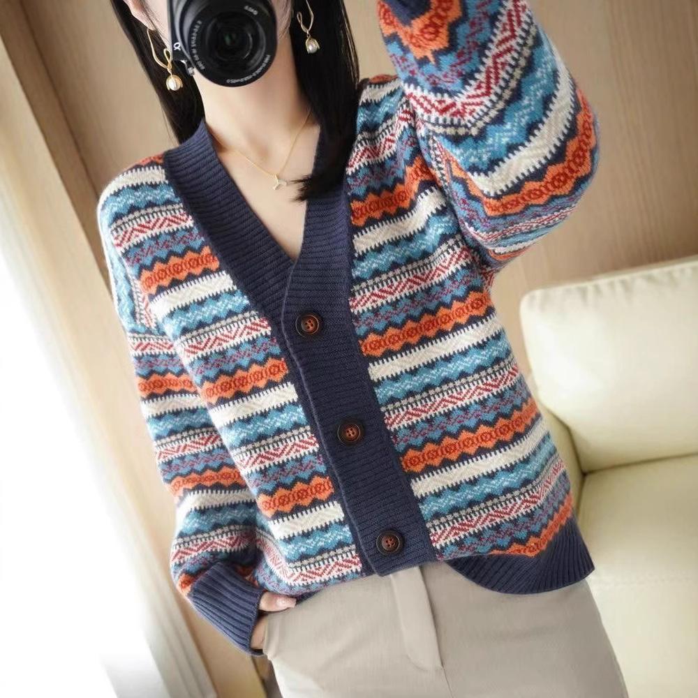 Autumn and winter foreign style striped retro jacquard long-sleeved knitted cardigan fashionable V-neck contrasting color with loose sweater jacket