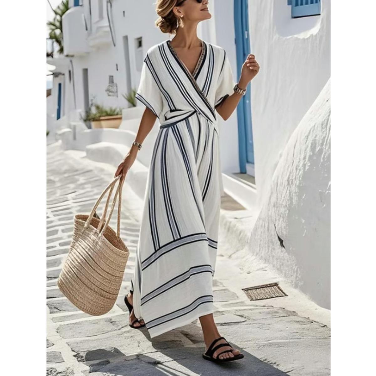 Women s V Neck Short Sleeve Maxi Dress Loose Fit Mid Waist Elegant Striped Wrap Dress S