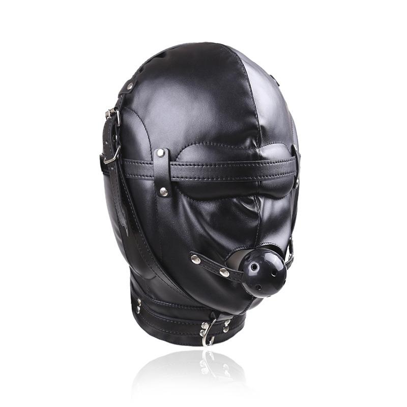 PU Leather Total Sensory Deprivation Full Head Bondage Hood Headgear Mouth Open Lockable Gimp Bondage  Sex Toy for Couple