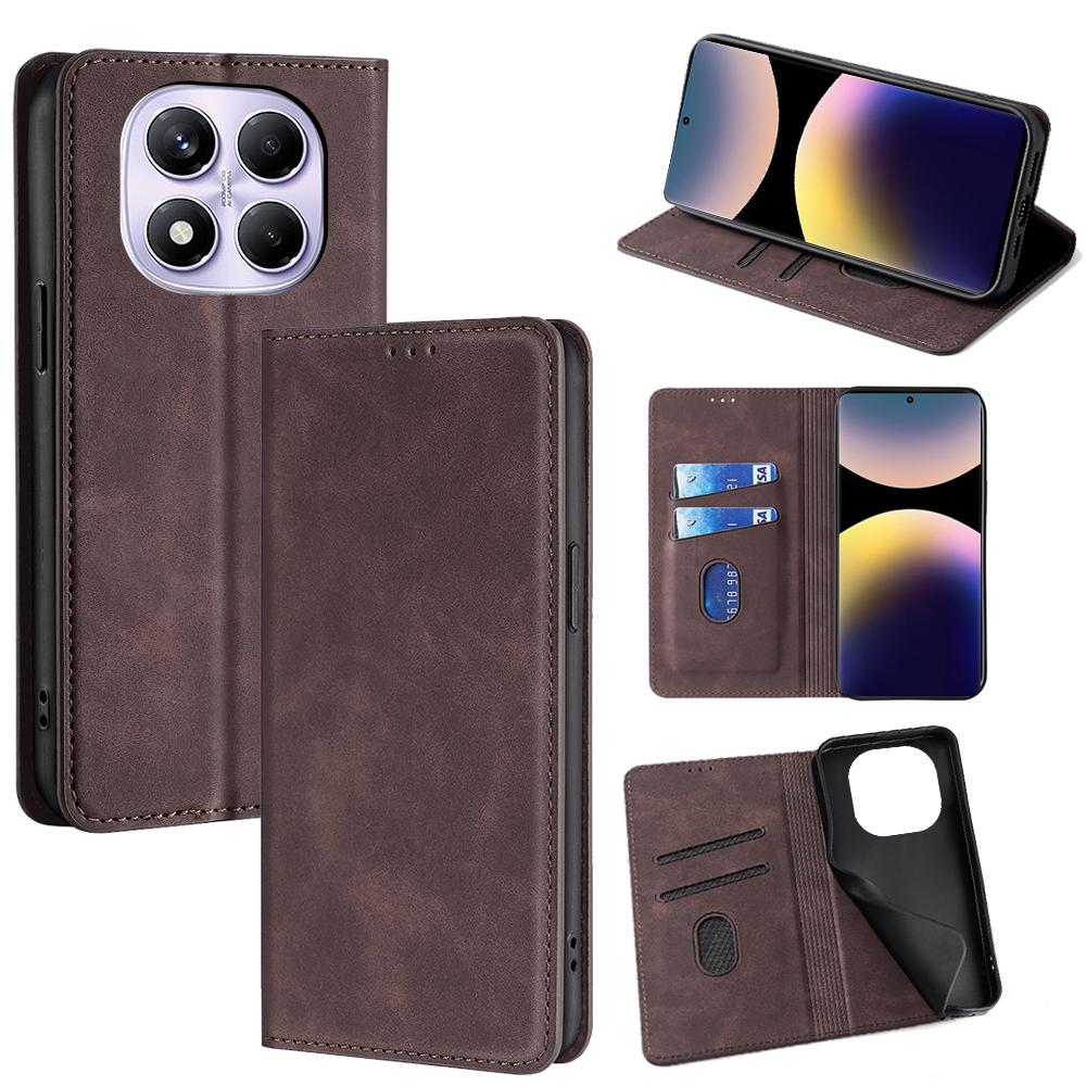 

For Xiaomi Redmi Note 14 Pro 4G Card Holder Case PU Leather Magnetic Closing Phone Cover Dark Brown