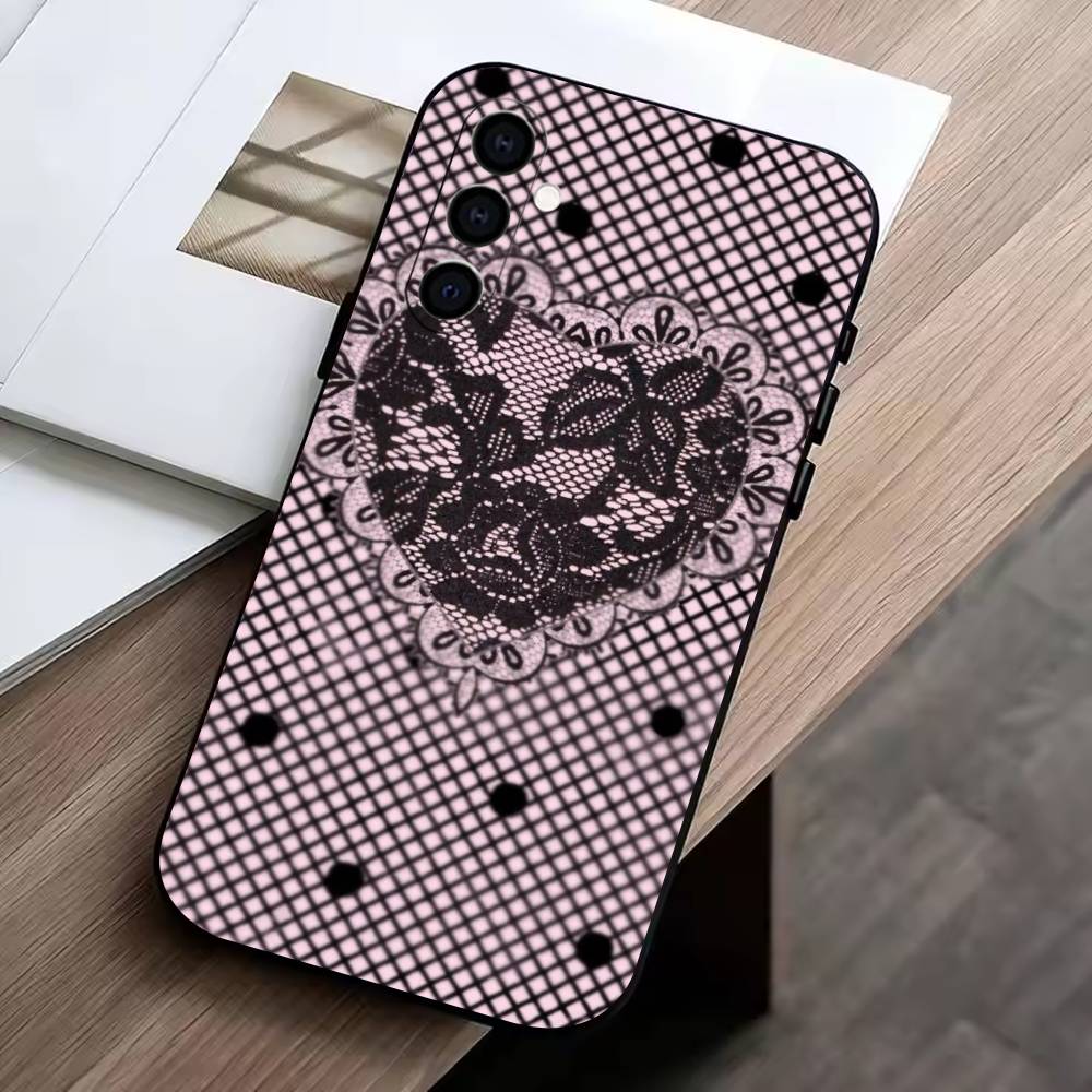 Elegant Black Lace Print Design Phone Case For Samsung Galaxy A73,A72,A71,A70,A53,A52,A51,Others Soft Black Cover
