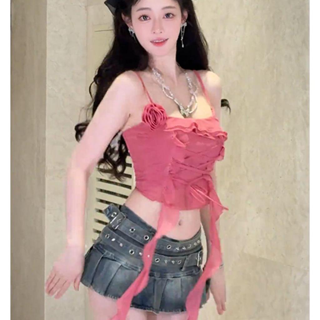 Women's Irregular Mesh Spliced Camisole with Flowing Ribbons, Cool Slim Fit, Sleeveless Solid Color Top