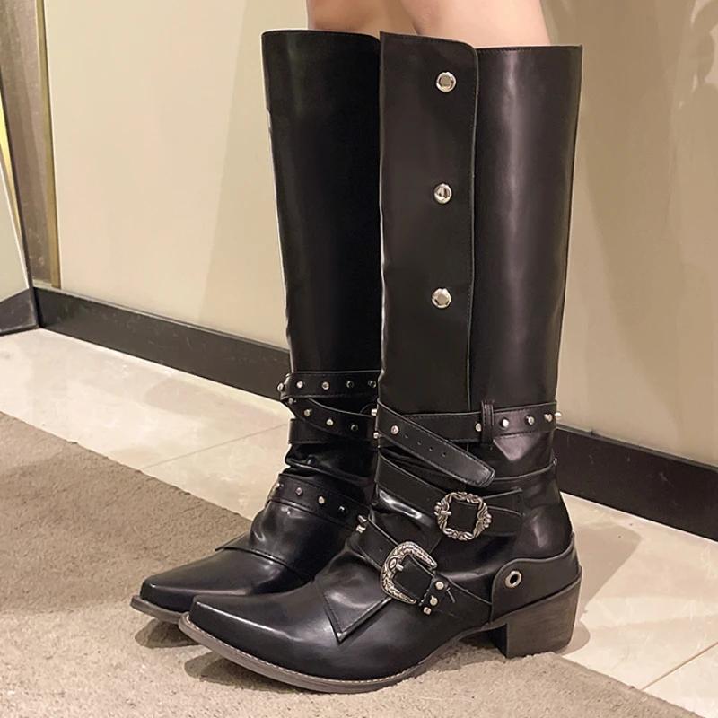 Female Shoes On Sale  Fashion Slip On Women'S Boots Autumn Pointed Toe Solid Buckle Decoration Mid Heel Western High Boots