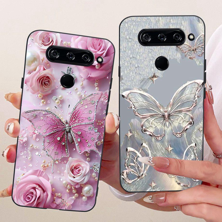 Für LG V40 V50s V35 ThinQ LG V8X ThinQ V30 2017 Handyhülle Weicher TPU-Stoßfänger Rückseite Coole Cartoon-Luxus-Schmetterlingsblume Funda
