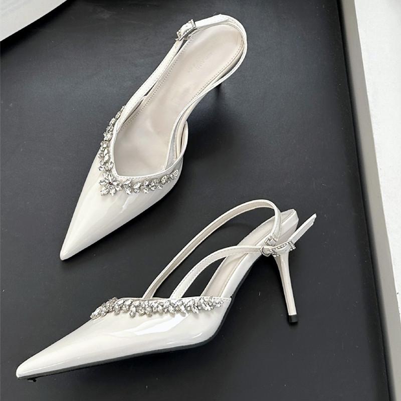 Fashion High Quality Patent Leather Rhinestone High Heels Women Sexy Pointed Toe Slingback Heeled Sandals Elegant Banquet Dress Shoes