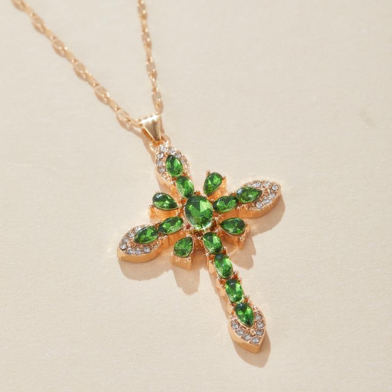 Religious Colorful Zircon Cross Necklace Jesus Prayer Gold Plated Copper Pendant Stainless Steel Chain Necklaces Jewelry Gift