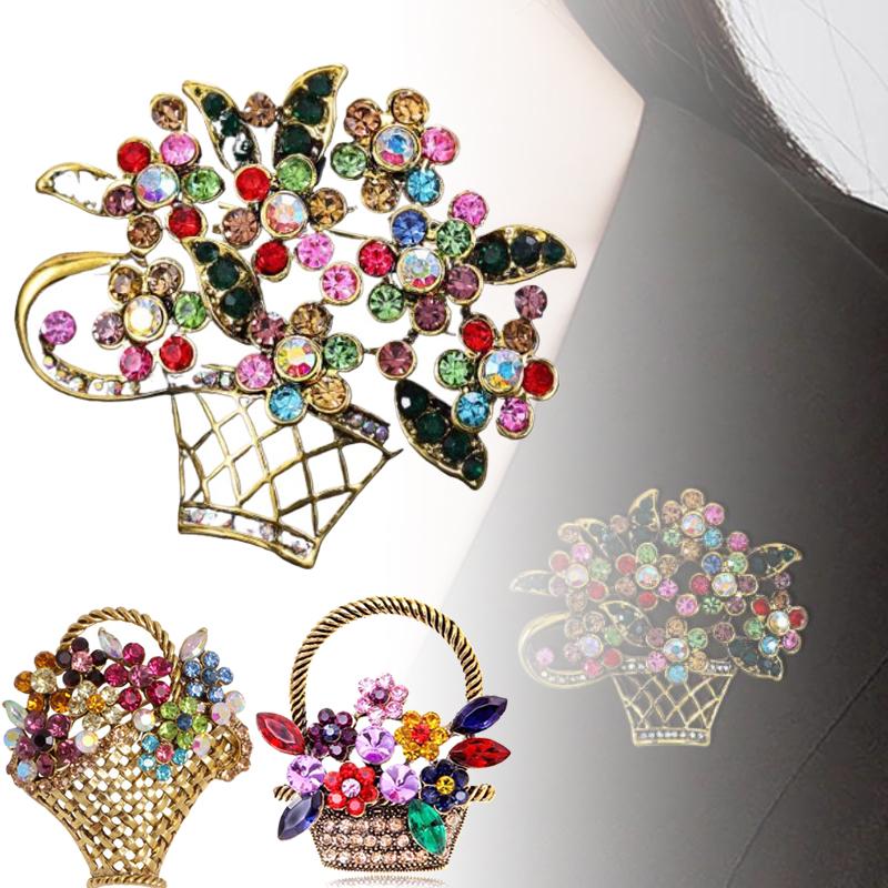 Vintage Colored Flower Basket Brooches Sparkling Rhinestone Flower Brooch For Women Wedding Party Banquet Casual Jewelry Gift