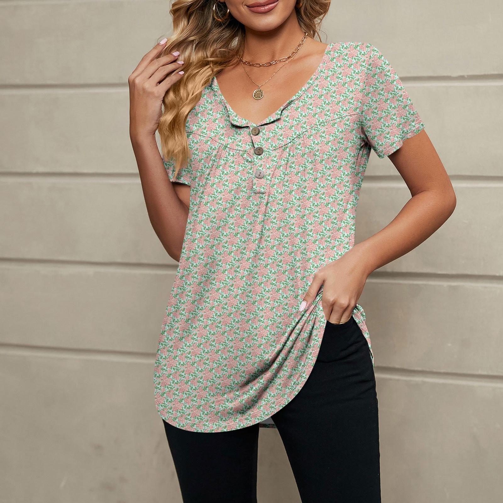 Женская модная повседневная футболка с v-образным вырезом и цветочным принтом — фото 11