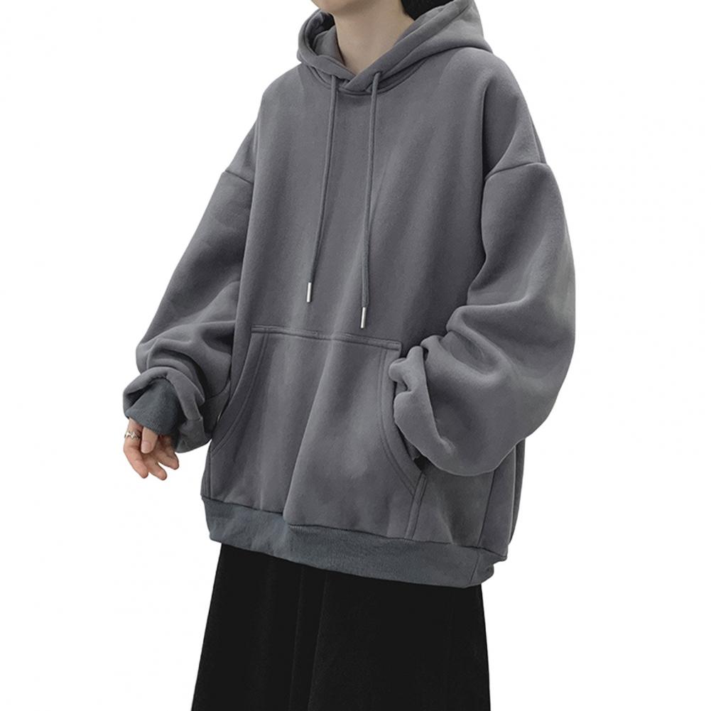 Мужская толстовка с капюшоном на осень-зиму с завязками, однотонная, эластичная манжета, толстая, большого размера, большой накладной карман, с капюшоном, свободная, сохраняет тепло, средней длины XL темно-серого