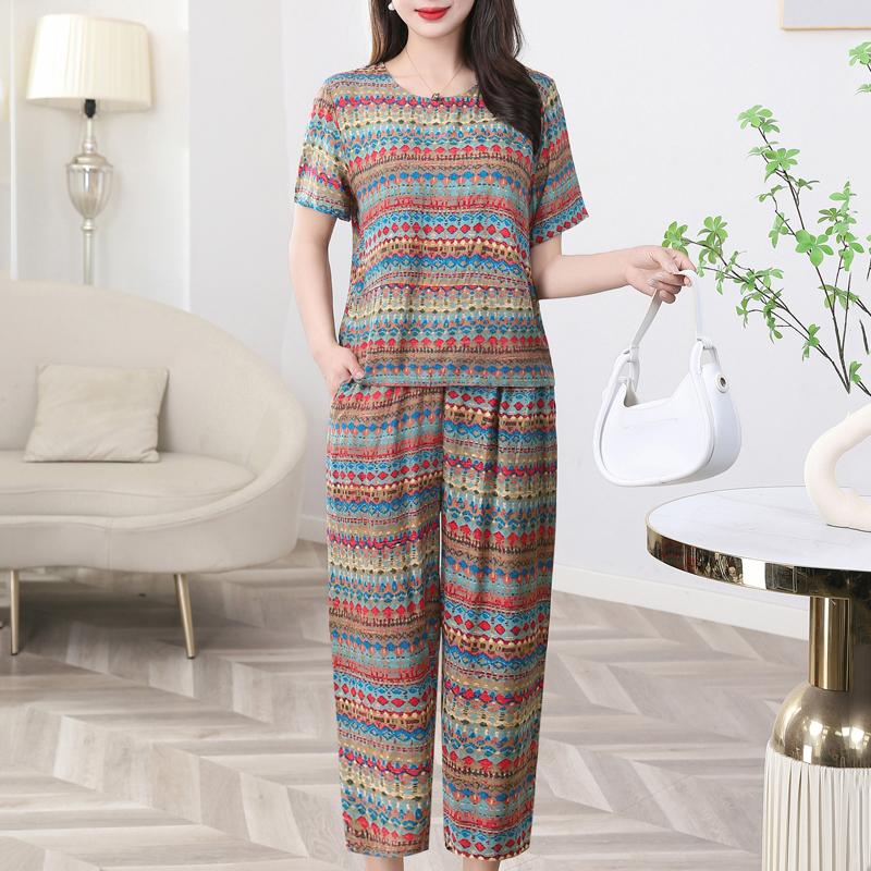 Dámská dvoudílná sada pro větší velikosti, letní vintage oblečení, volné ležérní kalhoty