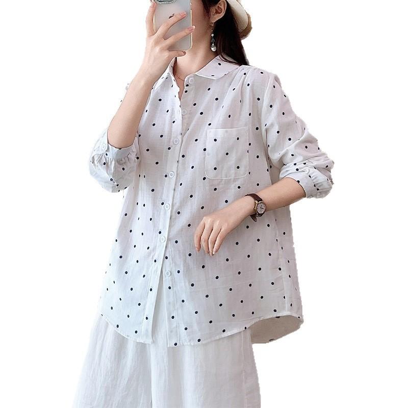 New Cotton Double-layer Cotton Yarn Printed Polka Dot Shirt Women's Korean Lazy Loose Simple Design Long-sleeved Shirt
