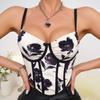 Female sexy hottie deep V steel rim fishbone waist suede flower print small vest halter top