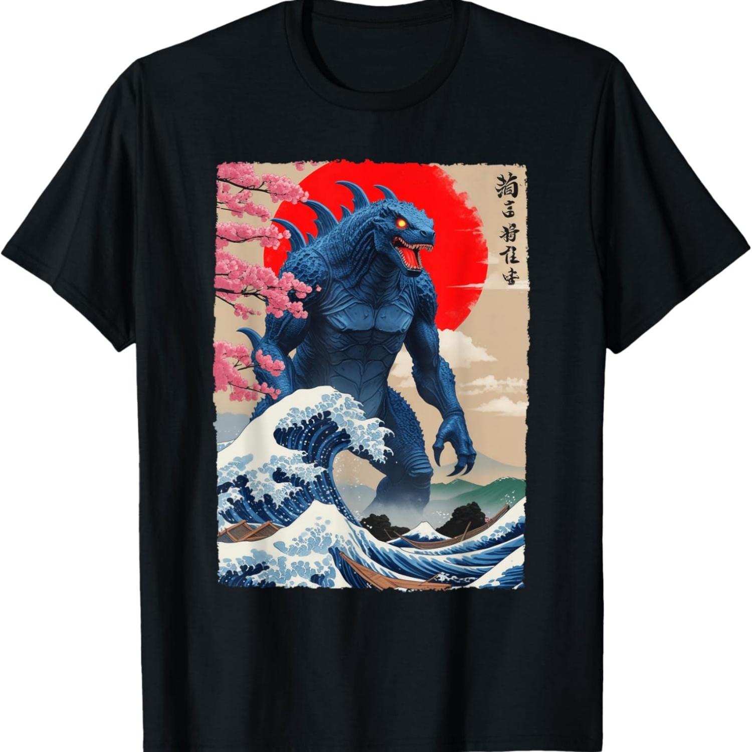 Monster Kaiju Cherry Blossom Japan Great Wave Off Kanagawa T-Shirt S