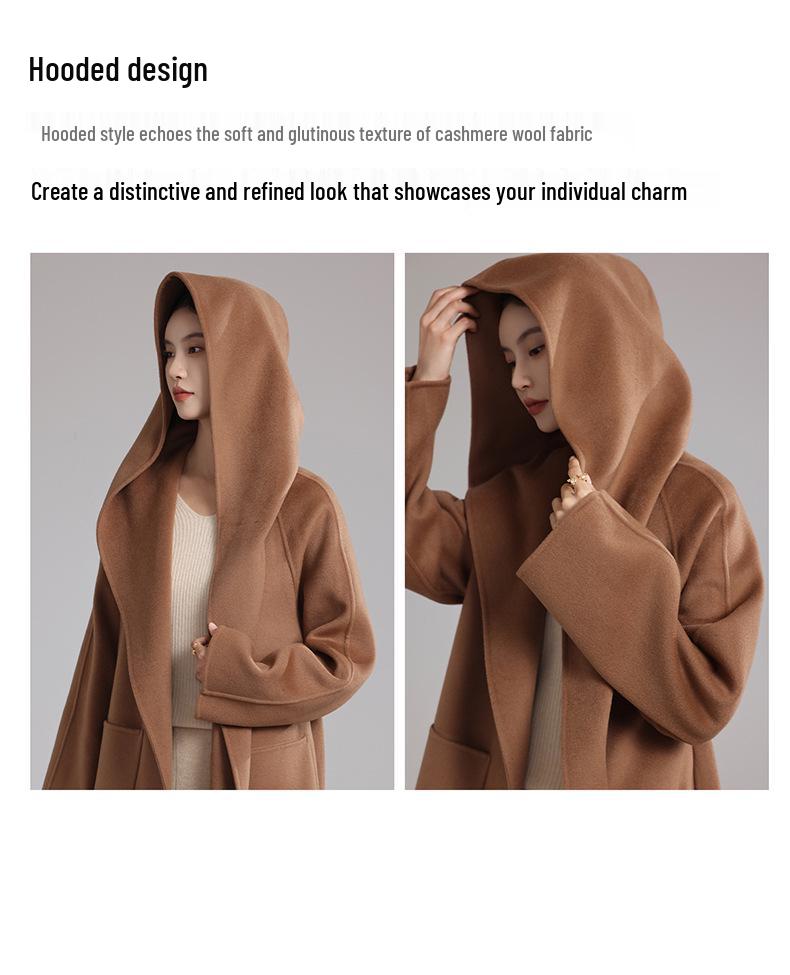 High-End Extra Long Double-Faced Wool Coat: Hooded, Tie-Waist, Light Luxury Casual Silhouette with Cashmere