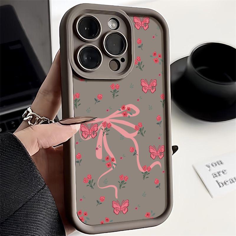 Carcasă Mată TPU cu Imprimeu Floral și Fundă pentru iPhone 16 Pro Max 15 Pro 14 13 12 11 XS XR Protecție Obiectiv Rezistent la Șocuri Husă Moale Silicon Telefon