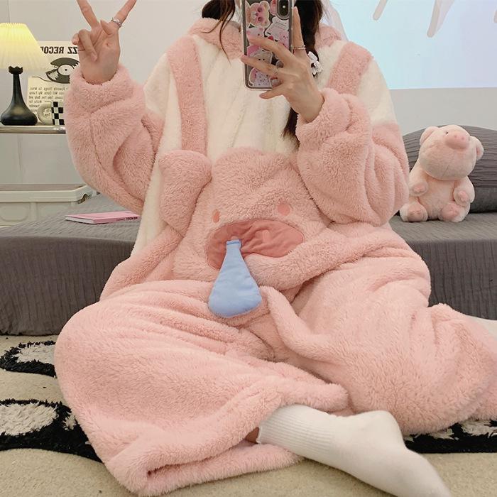 Women s Coral Fleece Hooded Onesie Pajamas, Autumn/Winter, Thick Velvet, Cute Cartoon Design, Student Flannel Homewear XXL
