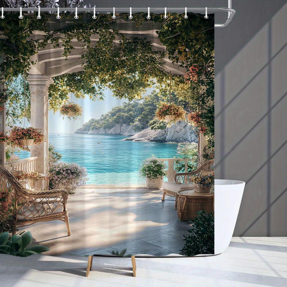 1pc Shower Curtain - Mediterranean Seaside View with a Serene Ocean, Lush Greenery, and Cozy Patio Furniture, Perfect