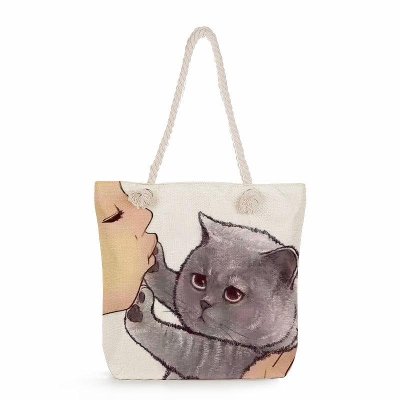 Multifunctional Cute cat Printed Thick Rope Shoulder Beach Bag 7584