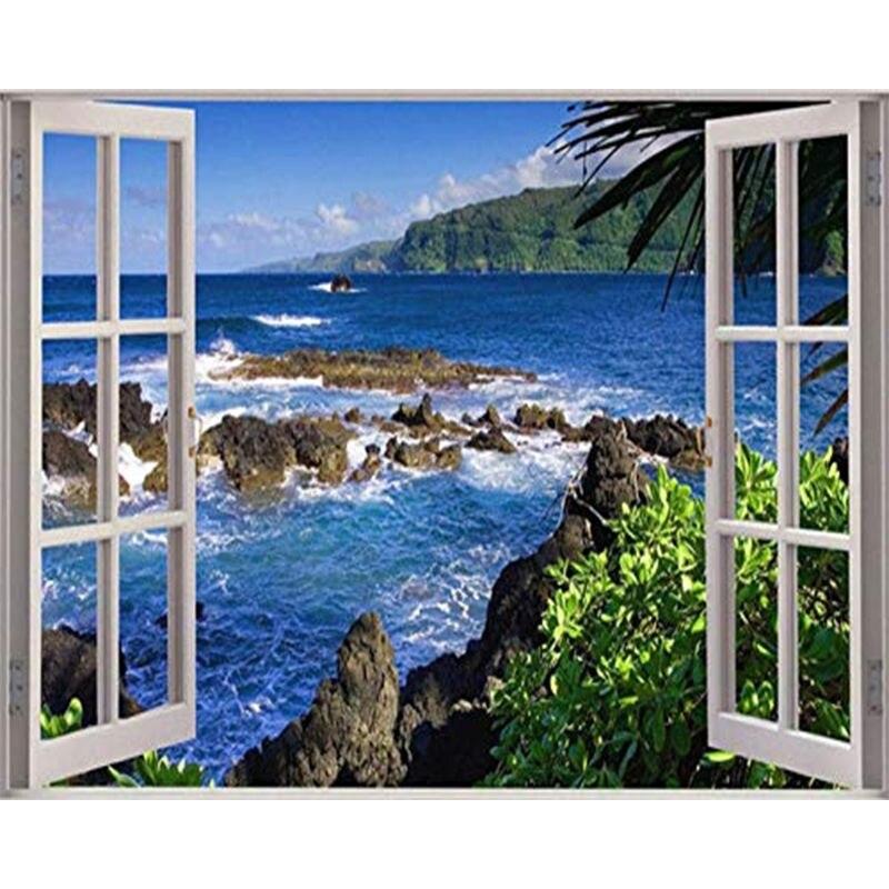 5D Full Drill Round Diamond Painting Window Seaside Landscape Embroidery Sale Rhinestones Mosaic Wall Art 40x50cm