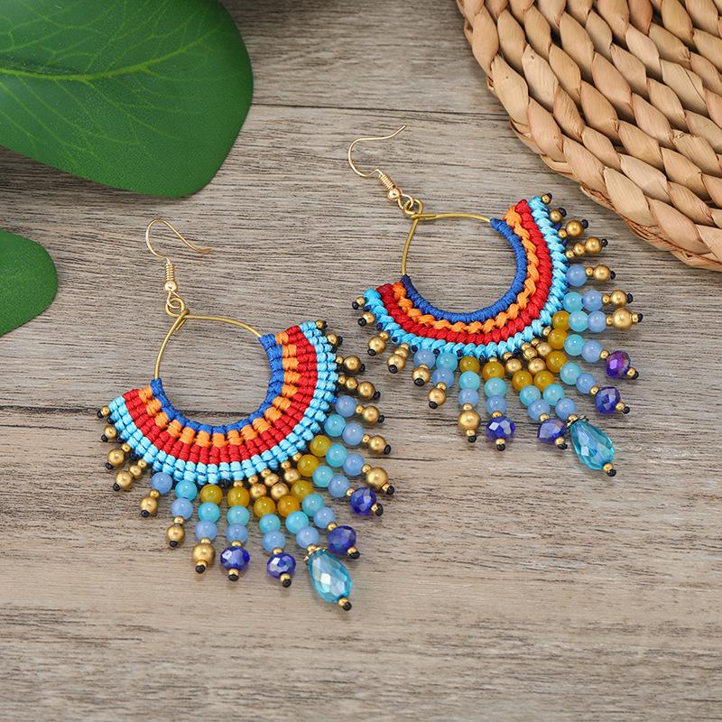 

Niche design retro woven crystal earrings bohemian long fringed personality earrings women