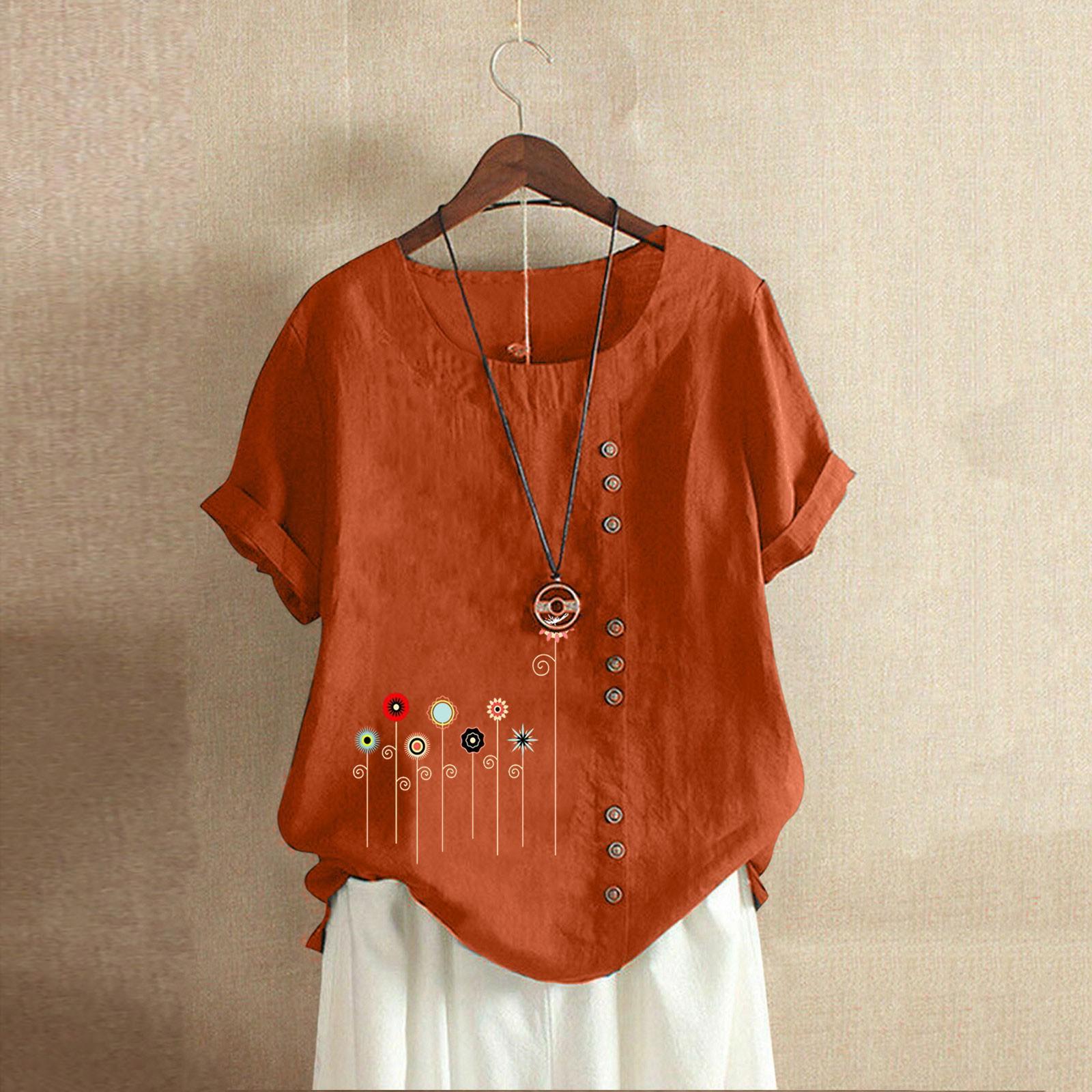 

Женская хлопково-льняная футболка с круглым вырезом, коротким рукавом и пуговицами, футболка с принтом XXXL кофейный