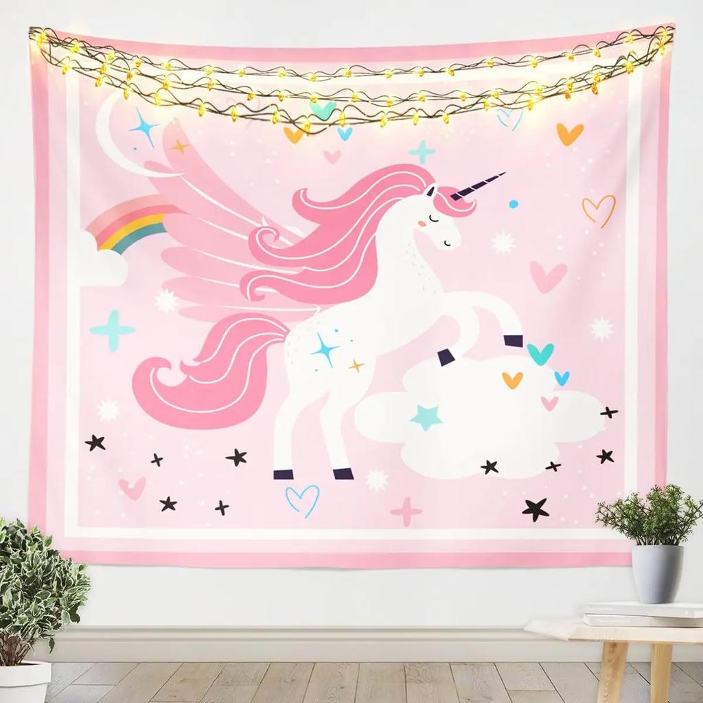 Unicorn Print Tapestry Wall Hanging Cute Cartoon Unicorn Tapestry Asthetic Home Decor Tapestry Wall Hanging for Kids Girls Room
