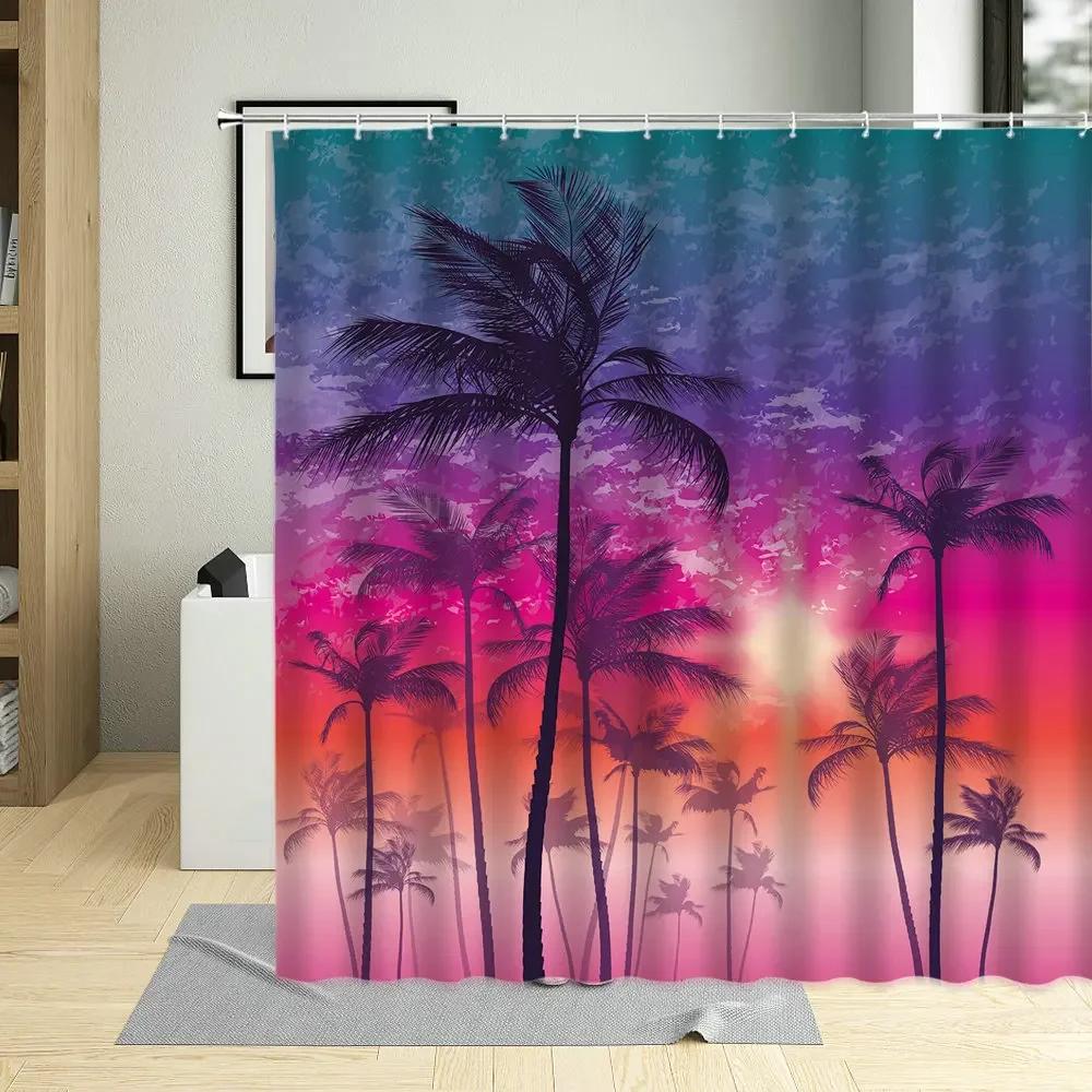 

Green Plants Scenery Bathroom Curtains Beach Coconut Tree Shower Curtain Waterproof Polyester Bathtub Decor Screen With Hooks W90XH180cm