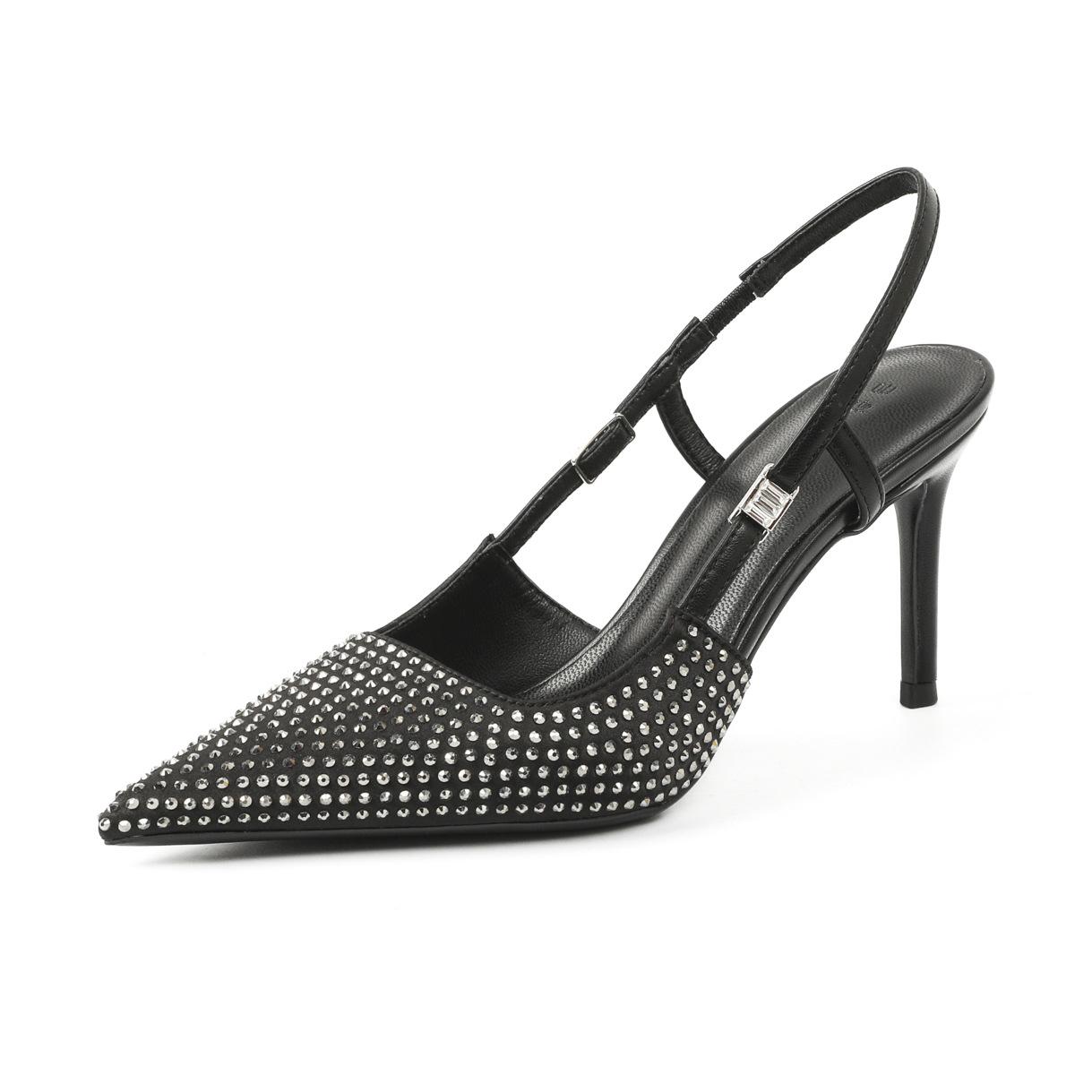 

One word with high heels, women s thin heels, temperament, socialite, high sense, rhinestone bag head sandals, empty single shoes, women s 39