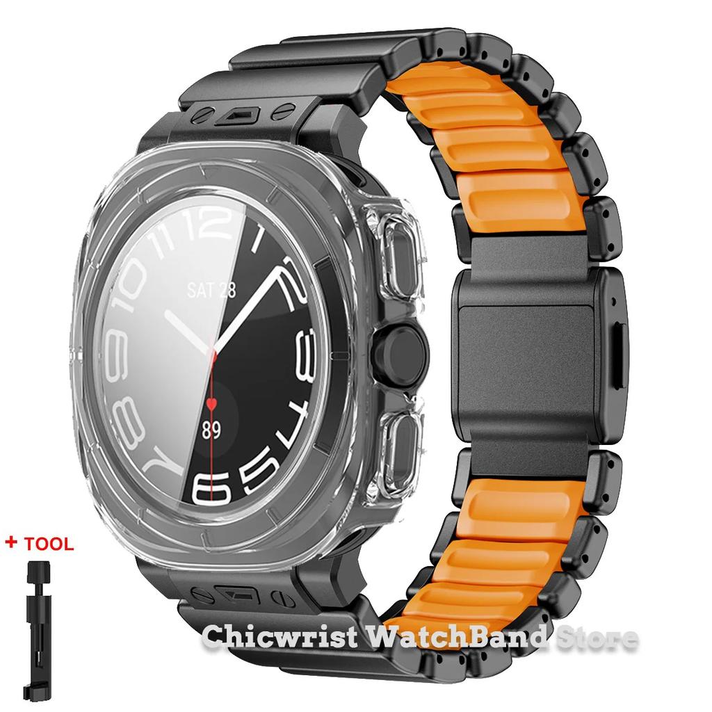 Armband+Hülle für Samsung Galaxy Watch Ultra 2025/7 ultra Edelstahl Gummiarmband Gehärtetes Glas Displayschutz Hülle aus Hart-PC