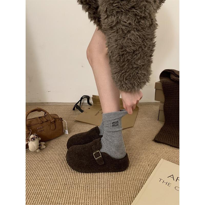 Gray Ugly Bread Shoes, Women's Small Thick-soled Piled Birkenstocks, 5cm Higher Inner Height, Fluffy Slippers