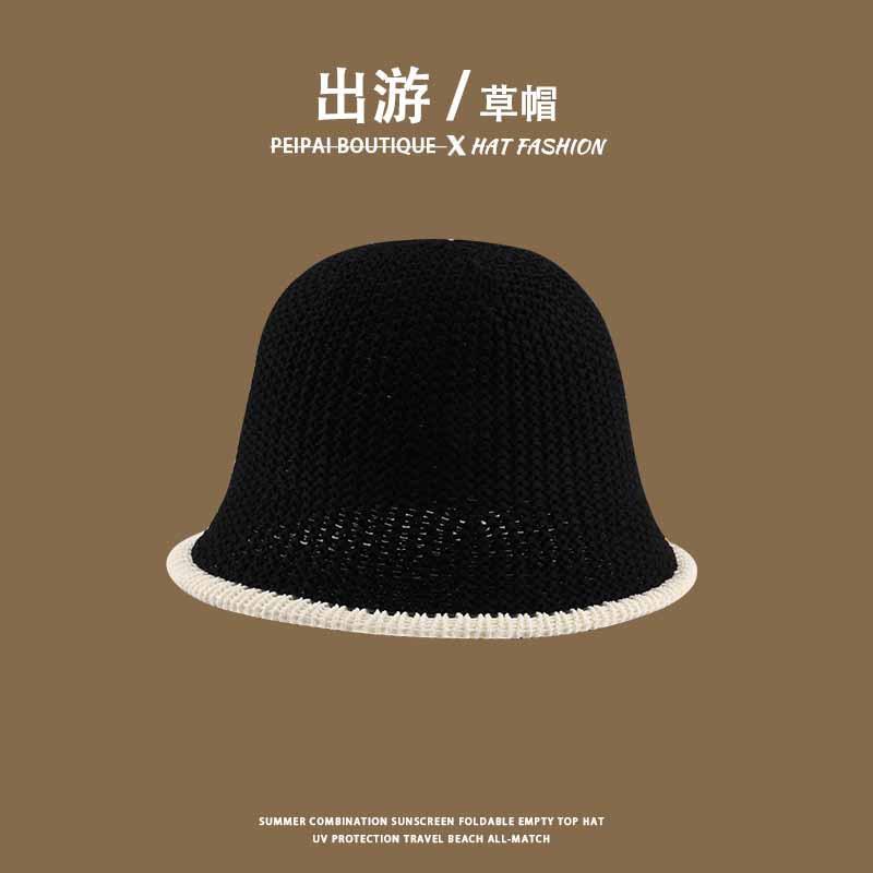 Women's Straw Hat Woven Sunshade Beach Hat Summer Hollow Breathable Bucket Hat Beach Sunshade Hat