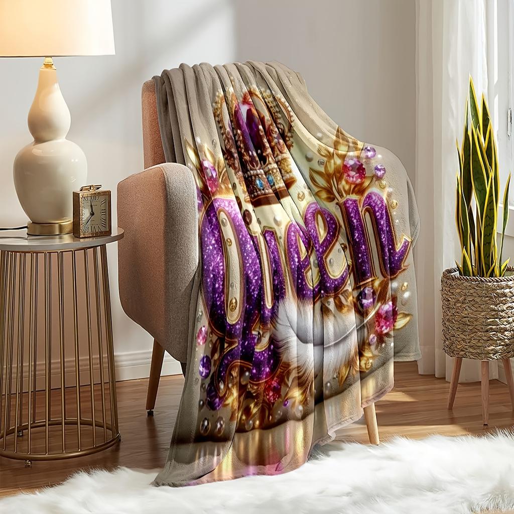Contemporary Queen Crown Print Flannel Throw Blanket, Soft Warm Knitted Polyester Throw for Sofa, Office, Bed, Camping, T