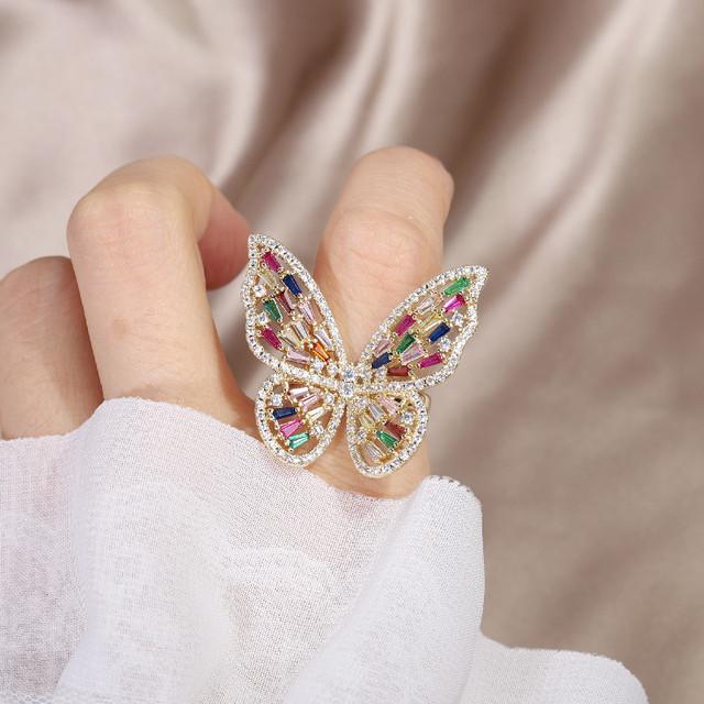 14K Real Gold Plating Korean New Design Fashion Exaggerated Butterfly Color Zircon Ring Luxury Women's Prom Party Accessories