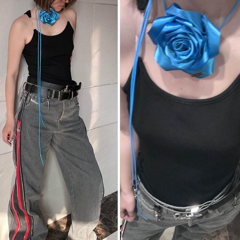 Naszyjnik Choker w stylu Boho Błękitny Kwiatowy Naszyjnik Łańcuszek na Talii Przesadzony Duży Kwiatowy Naszyjnik na Sznurku Biżuteria dla Kobiet Dziewcząt