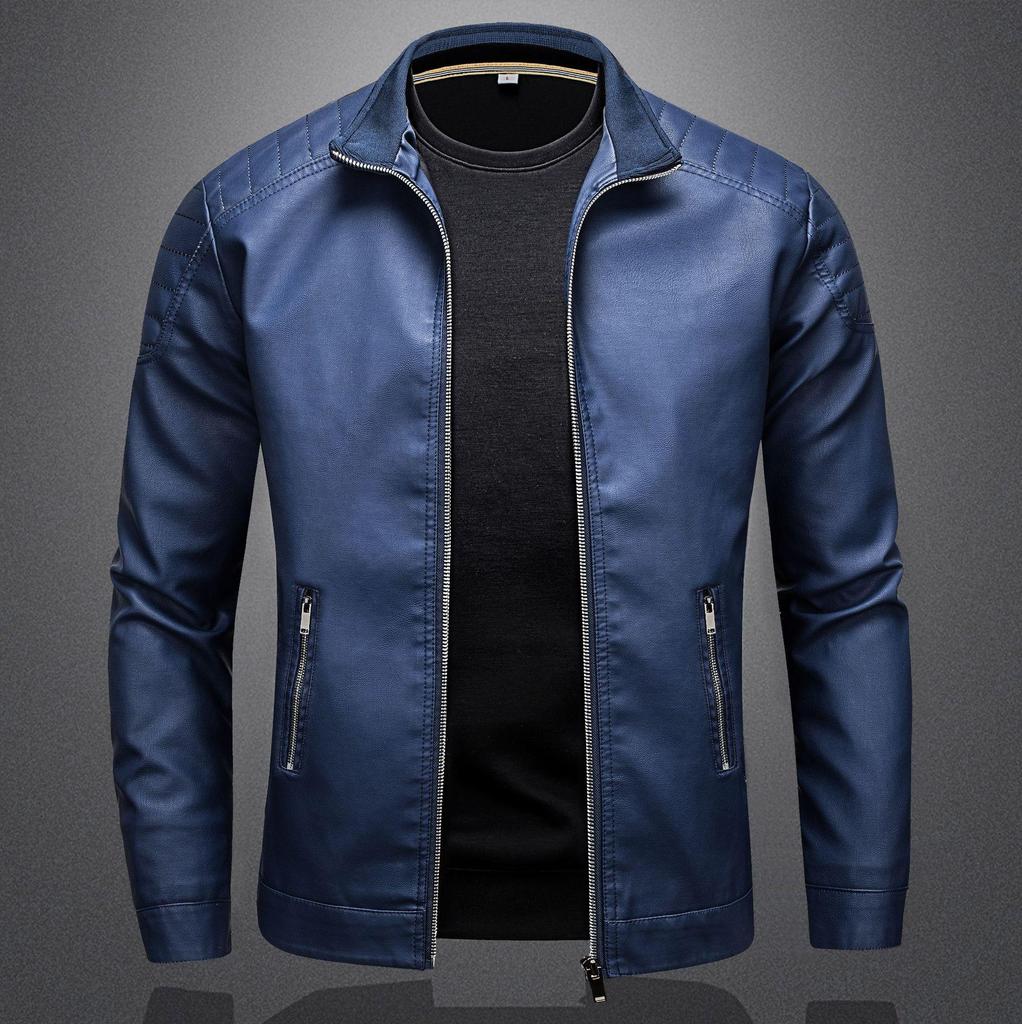 Men's Slim Fit Trendy Leather Motorcycle Jacket with Stand Collar and Plus Size Options
