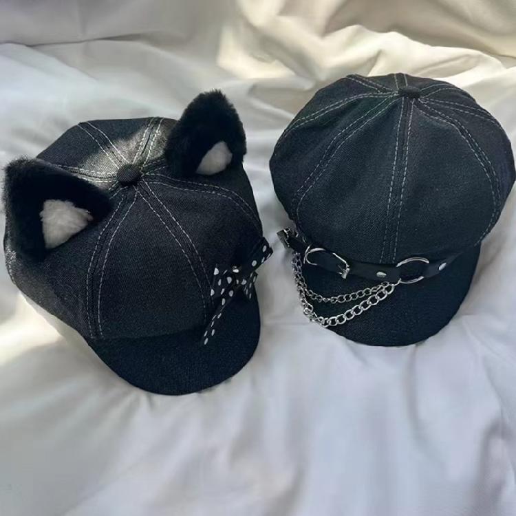 Japanese Beret Hat with Chain Belt for Female Girl  Newsboys Hat Chauffeur Hat Punk Outdoor Hiphop Dance Hat