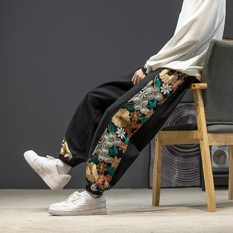 

Men s Fall and Winter Loose Casual Pants Embroidered Retro Mid-waist Color Collision Tie Cord Pants 4XL