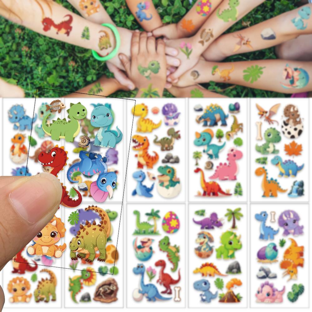 10 folhas de adesivos de tatuagem de dinossauro fofos com desenho animado para rosto, braço e corpo, adesivos temporários à prova d'água para festa infantil, presentes