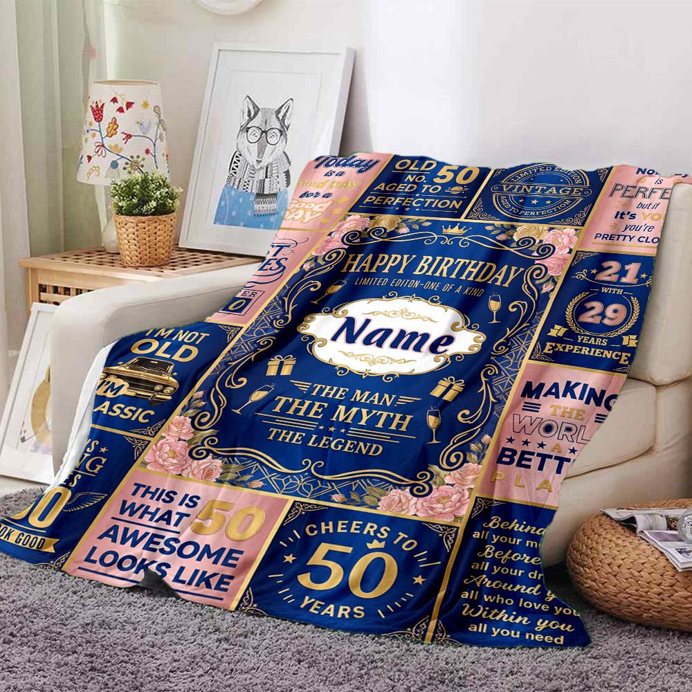Golden Milestone Celebration Blanket Personalized Name Soft Warm And Versatile For Sofa Bed Office And Travel Machine Washable Comfortable In All