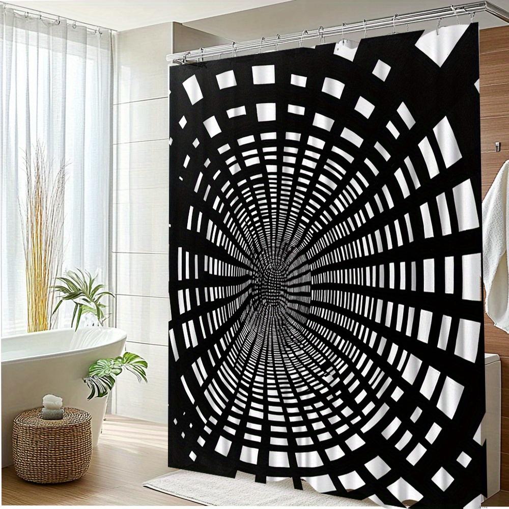 3D Tunnel Design Shower Curtain-Black And White Geometric Pattern, Polyester Fabric With 12 Hooks, Decorative Shower Curtain