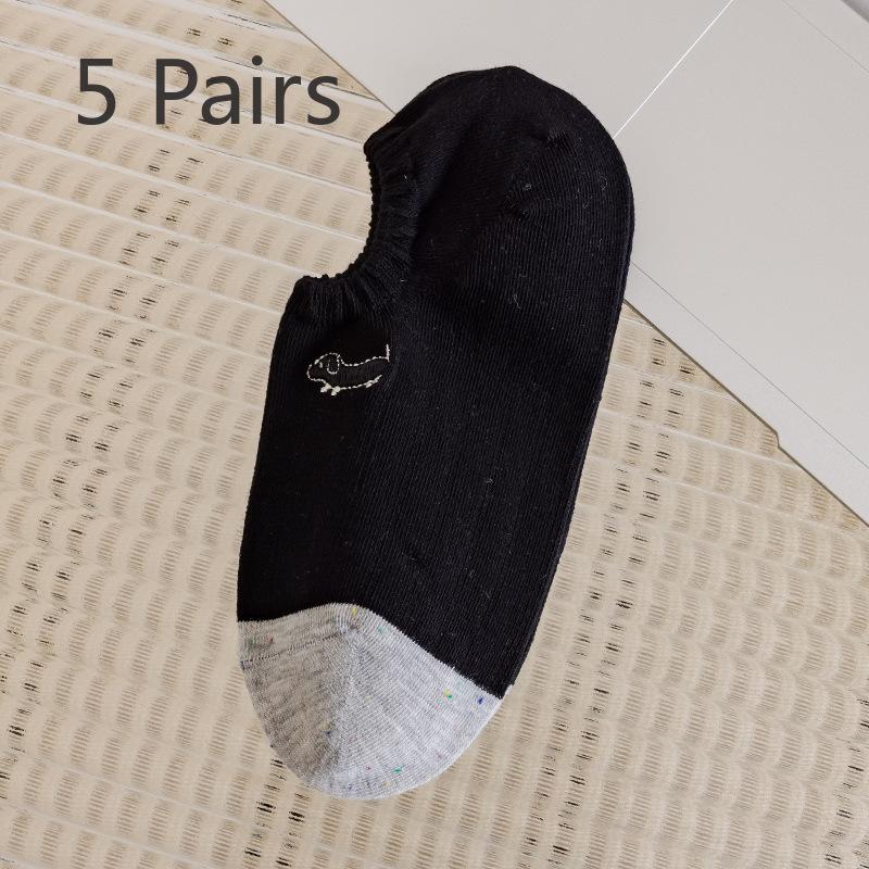 5 Pairs Boat Socks Women Shallow Mouth Short Socks Summer Thin Embroidery Puppy Boat Socks Cute Tide Net Red Invisible Socks Women