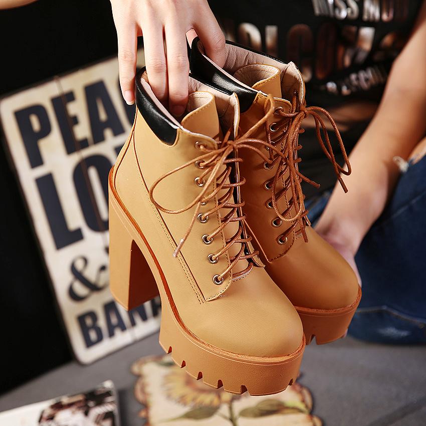 Neueste 2022 Plateau-Stiefeletten Damen Herbst Schnürung Dicke Hohe Absätze Damen Mode Schuhe Damen Freizeit Schuhwerk 358