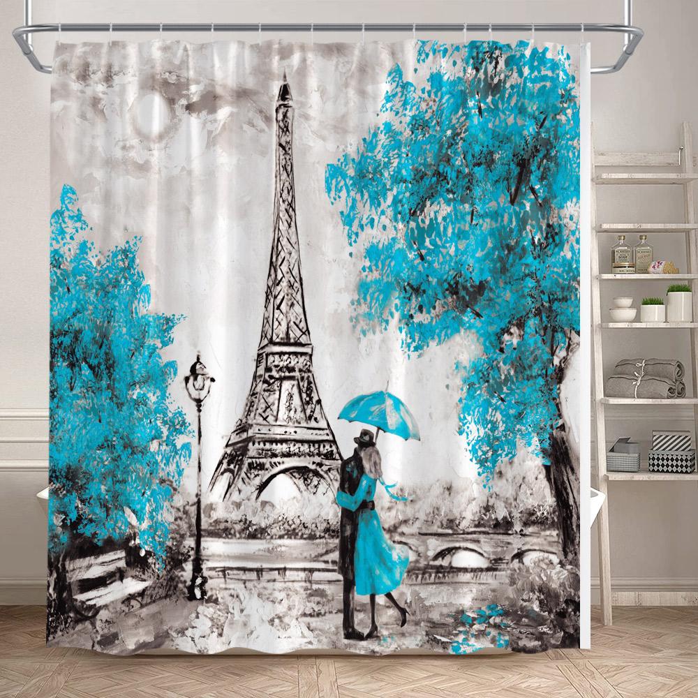 Rideau de douche Tour Eiffel Paris Paysage urbain européen Peinture à l'huile Décor romantique de baignoire Rideau de bain moderne en polyester avec crochets