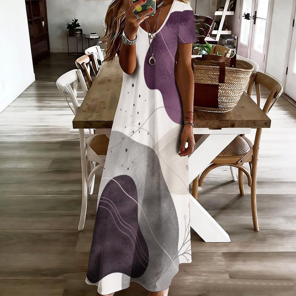 Women Plus Size V Neck Short Sleeve Printed Straight Long Dress