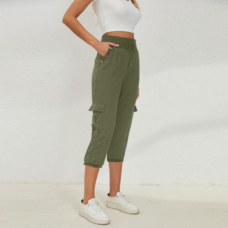 Women's Casual Cotton Linen Yoga Jogger Pants 3/4 Loose Solid With Pockets And Elastic Waist